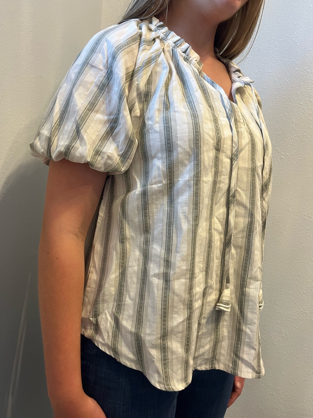 Cotton Sage Stripe Peasant Blouse